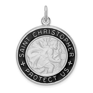 Sterling Silver Rhodium-Plated Blk Enamel St Christopher Pendant, 24mm
